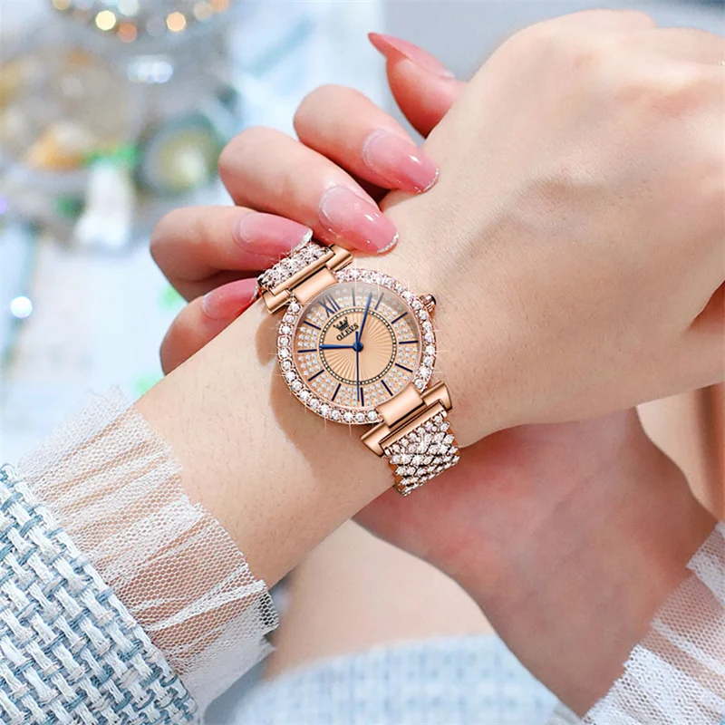 OLEVS Fashion Elegant Diamond Quartz Women Watches Classic Style Slim Dial Watches For Women Full Diamond Bracelet Reloj Mujer