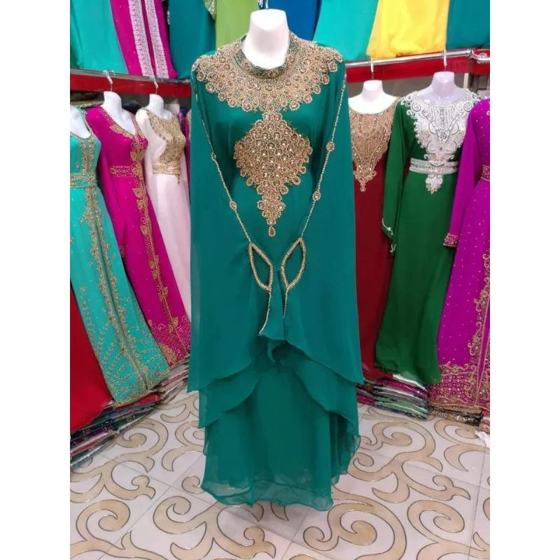 Turquoise Dubai Morocco Caftani Abaya Dress Adorned with Exquisite Long Garnet china adorned