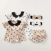 

2022 baby girls summer clothes set polka dot short sleeve Top + bread pants + hair band three-piece suit