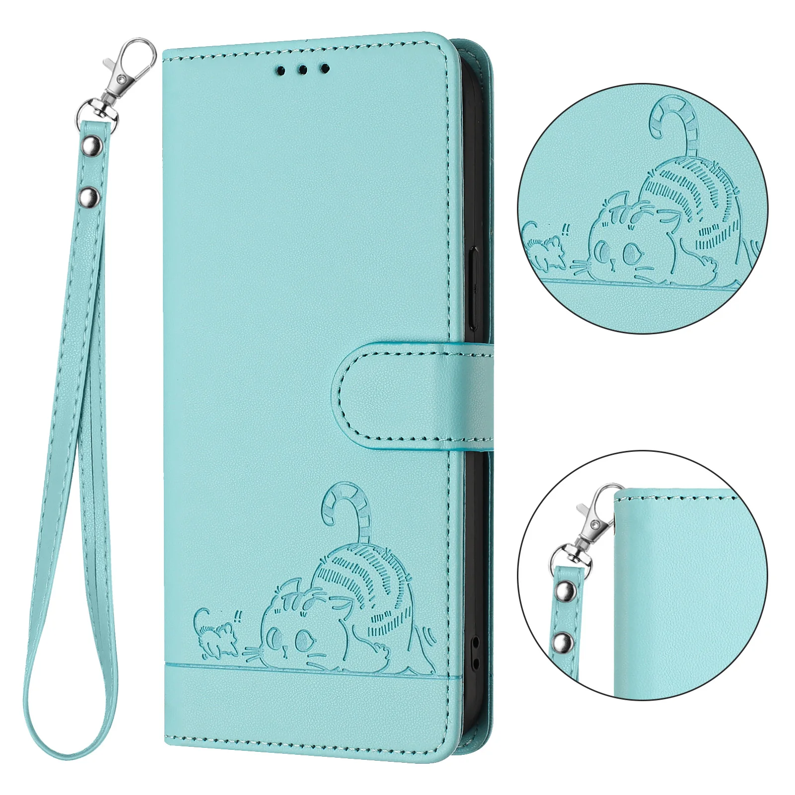 Cat Design Leather Phone Case Wallet with Wrist Strap and Flip Cover