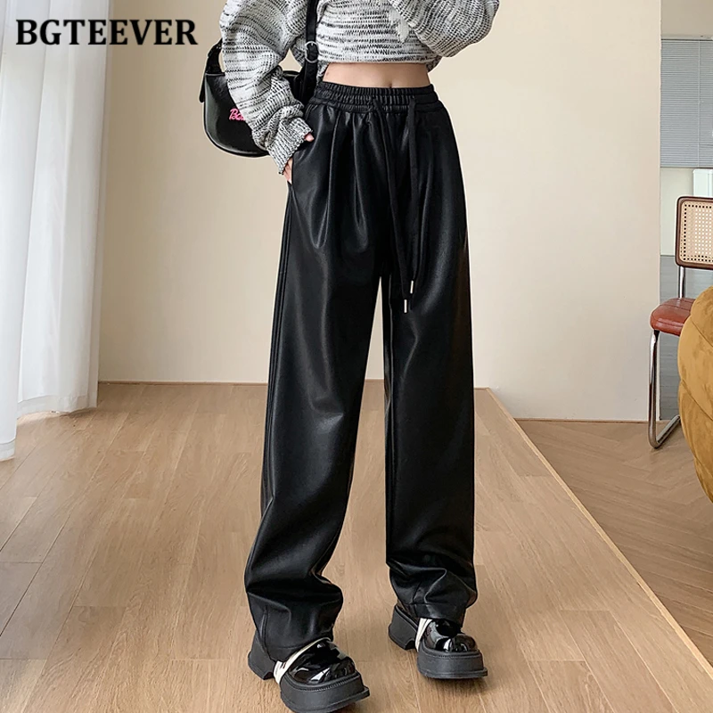 

BGTEEVER Stylish Femlae Wide Leg PU Leather Trousers High Waist Loose Long Pu Pants for Women