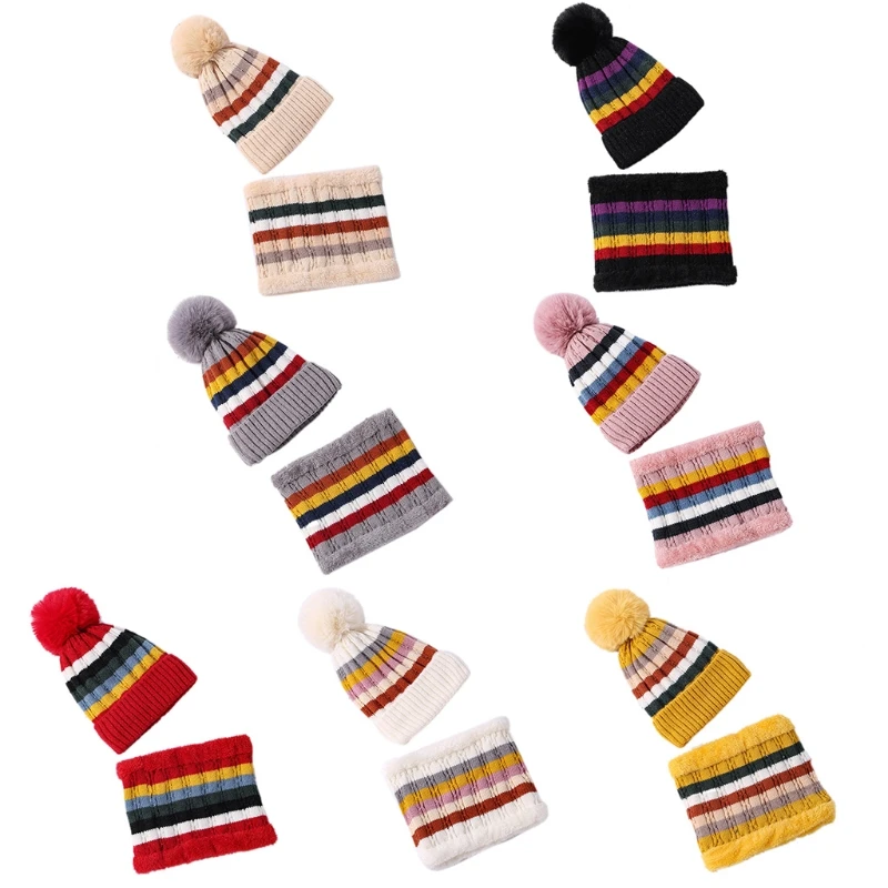

Women Winter Knit Beanie Hat Scarf Set Thick Faux Fleece Lined Ski Skull Cap Contrast Color Striped Neck Warmer