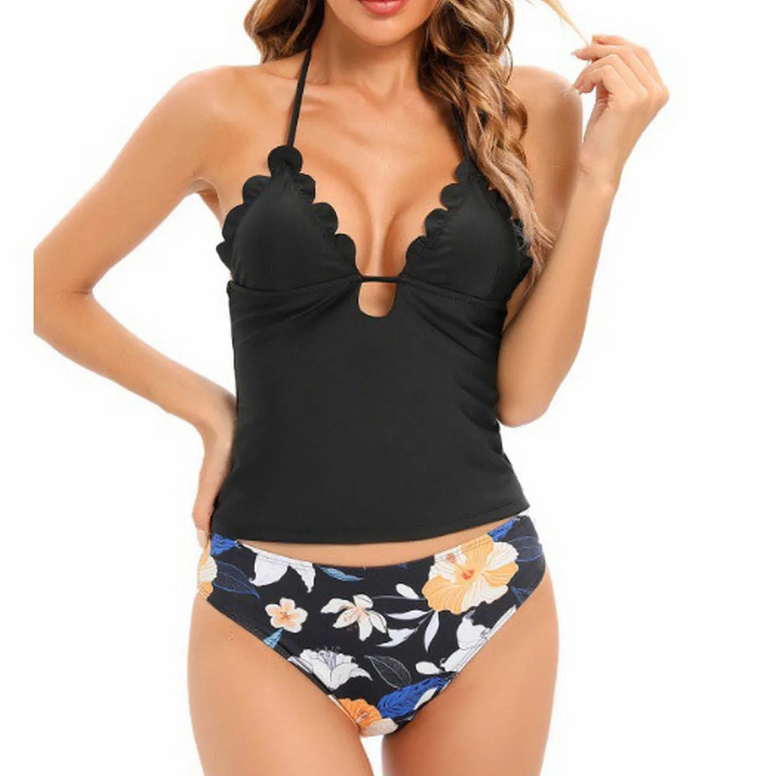 

Новинка, женские купальники-танкини, купальники из двух частей, топы с глубоким V-образным вырезом и бикини, купальники, купальные костюмы с контролем живота