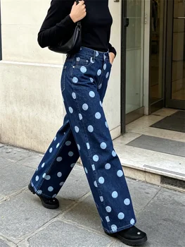 Pantalon en jean ample pour femme, taille basse, imprimé à pois, coupe décontractée, style urbain, pour le quotidien
