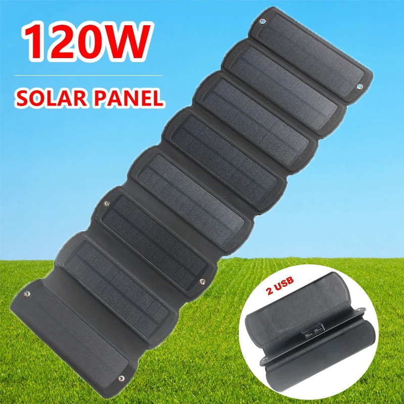 

120W Foldable Solar Panel Dual USB 5V Solar Charger Waterproof Solar Cell Portable Outdoor Mobile Phone Power for Camping Hiking