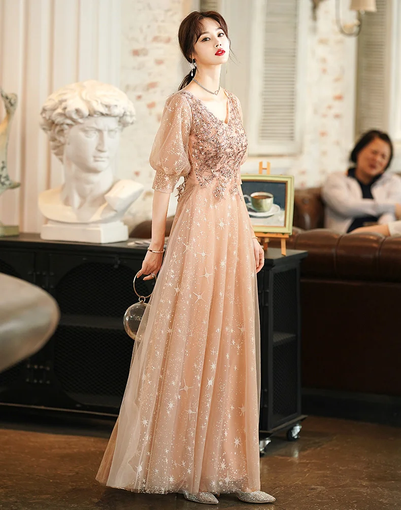 Pink Evening Dresses Long For Women Elegant V-Neck A-Line Floor-Length Luxury Appliques Sequined Lace Tulle Fancy Formal Gowns sexy ball gowns
