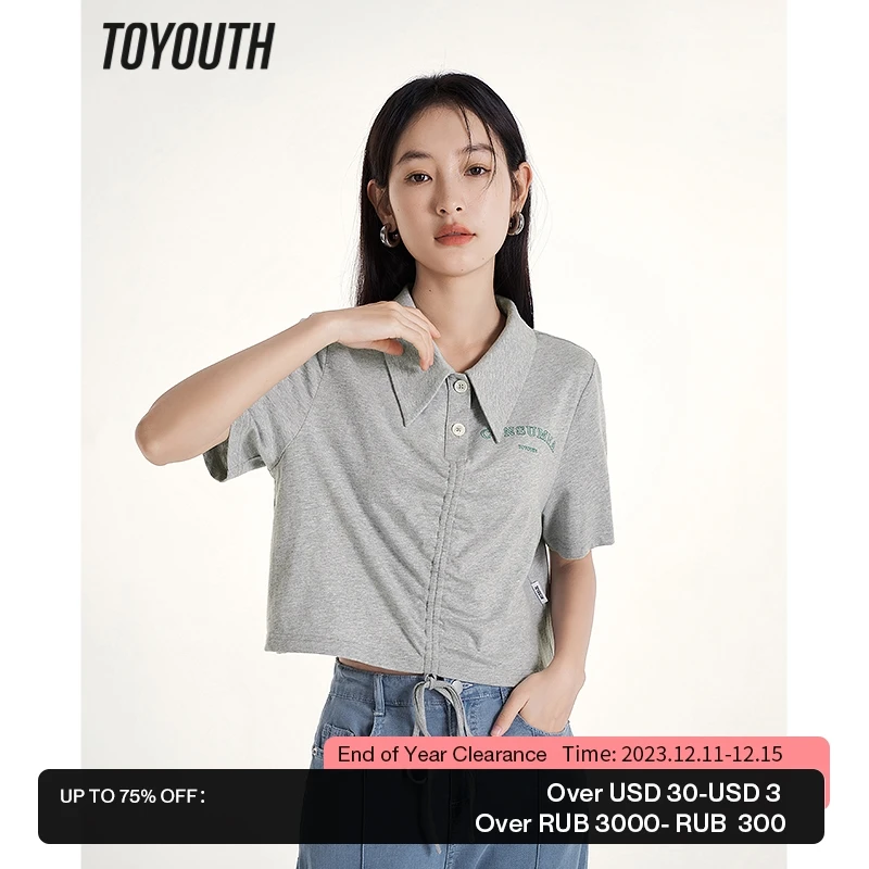 

Toyouth Women T-shirt 2023 Summer Short Sleeve Polo Neck Slim Tees Design Drawstring Pure Cotton Y2K Fashion Chic Tops