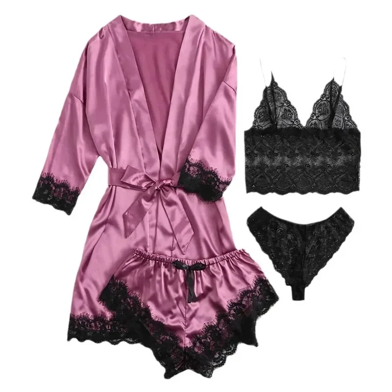4pcs/set Women Pajamas Fashion Robe Sleep Skirt Nightwear Lace Satin with Silk Sleepwear Robe Sexy Pajama Pants Home Clothes