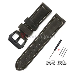 Authentic Retro Calf Leather Watchbands - Premium Cowhide Crazy Horse Straps - 22mm (Gray - Black)