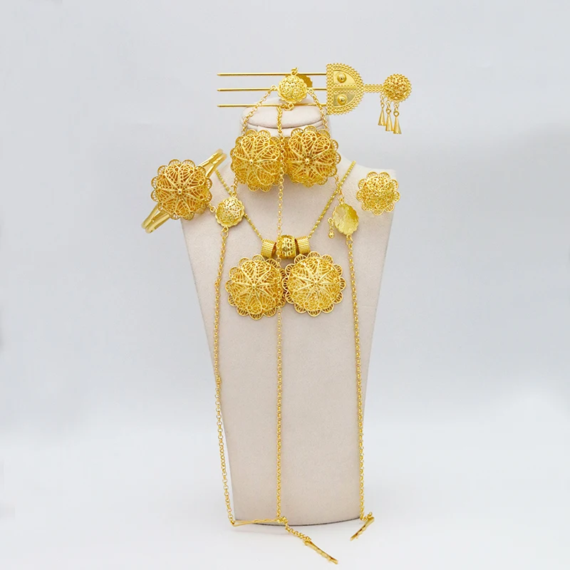 

Ethiopian Jewelry Set Pendant Necklace Earring Ring Bracelet Women Gold24k Dubai Jewelry Headed Chain African Bride Wedding Gift
