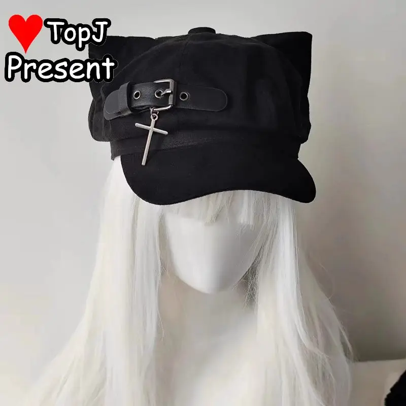 펑크 서브컬쳐 팔각형 모자 고양이 귀 십자가 가죽 버클 남녀공용 다용도 베레모 화가 모자 고스 Y2K 하라주쿠 캡