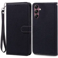 Leather Wallet Flip Case for Samsung Galaxy A14 - Premium Phone Cover (Black -Strap)