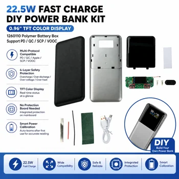 Power bank a ricarica rapida da 22,5W, kit fai-da-te per power bank con schermo a colori TFT da 0,96 pollici, supporto per batterie 2*1260110, supporta PD/QC/SCP/VOOC