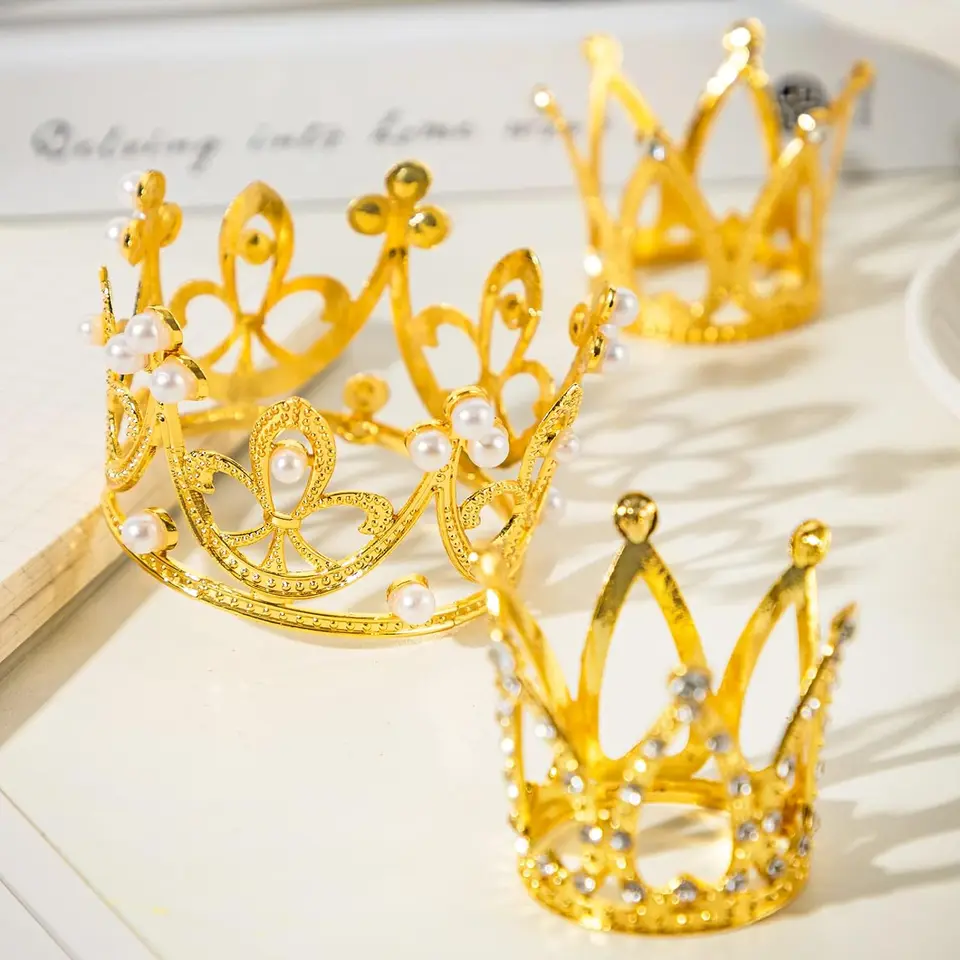 10-Piece Mini Crown Cake Toppers Set - Gold Pearl Crystal Tiara Decor For Wedding, Birthday, Princess Party - View #7