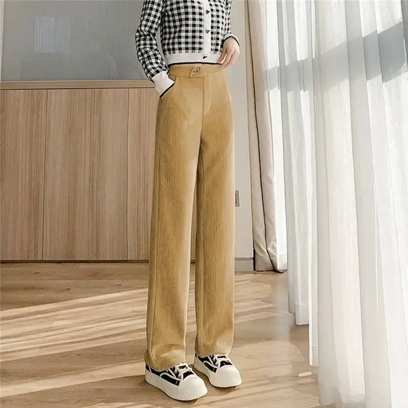

Corduroy Wide Leg Full-length Pants for Women High Waist Oversized Baggy Trousers Straight Office Lady Casual Pantalones Q437