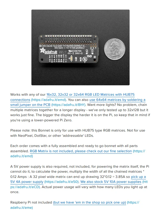 Adafruit RGB Matrix Bonnet for Raspberry Pi : ID 3211 : $14.95