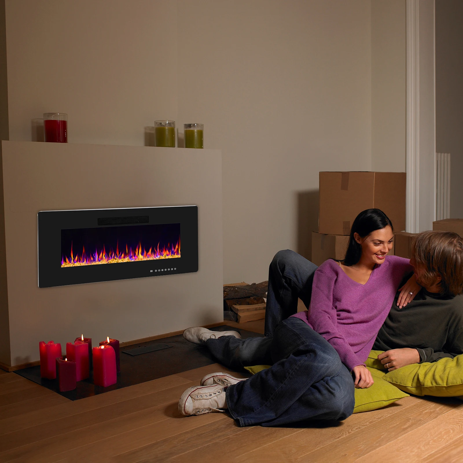 36" Recessed & Wall Mounted Electric Fireplace,Ultra thin & Low Noise,Touch Screen Remote Control,Unique Flame Design