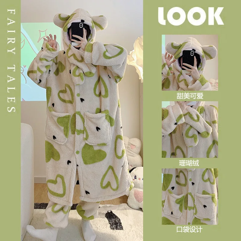 Coral Fleece  Print Nightgown Women Autumn and Winter New Fleece-lined Thickened Cute Hood Long Pajamas Home Wear Set