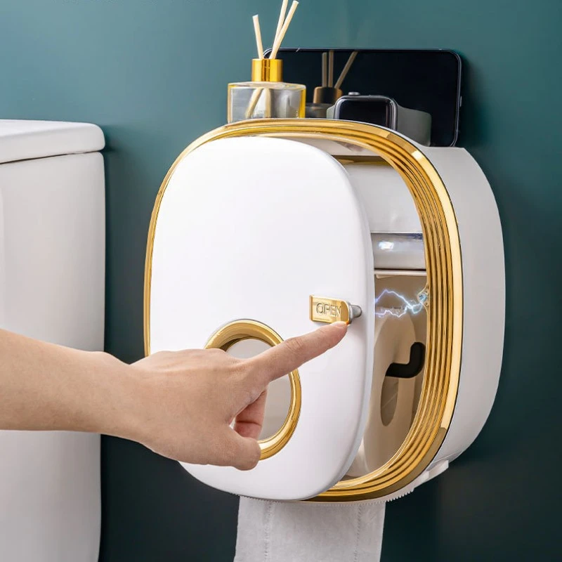 

golden Bathroom Shelf Storage Box Punch-Free Wall-Mounted Toilet Paper Holder Box Waterproof Paper Towel Bathroom Storage Rack