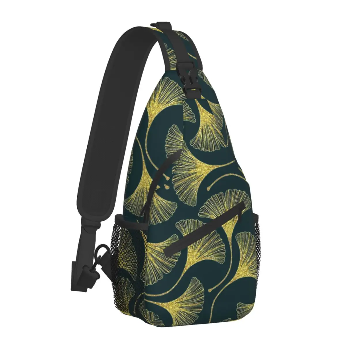 

Golden Leaves Dark Green Background Crossbody Chest Bags Ginkgo Autumn Pockets Travel Pack Messenger Sports Teens Shoulder Bag