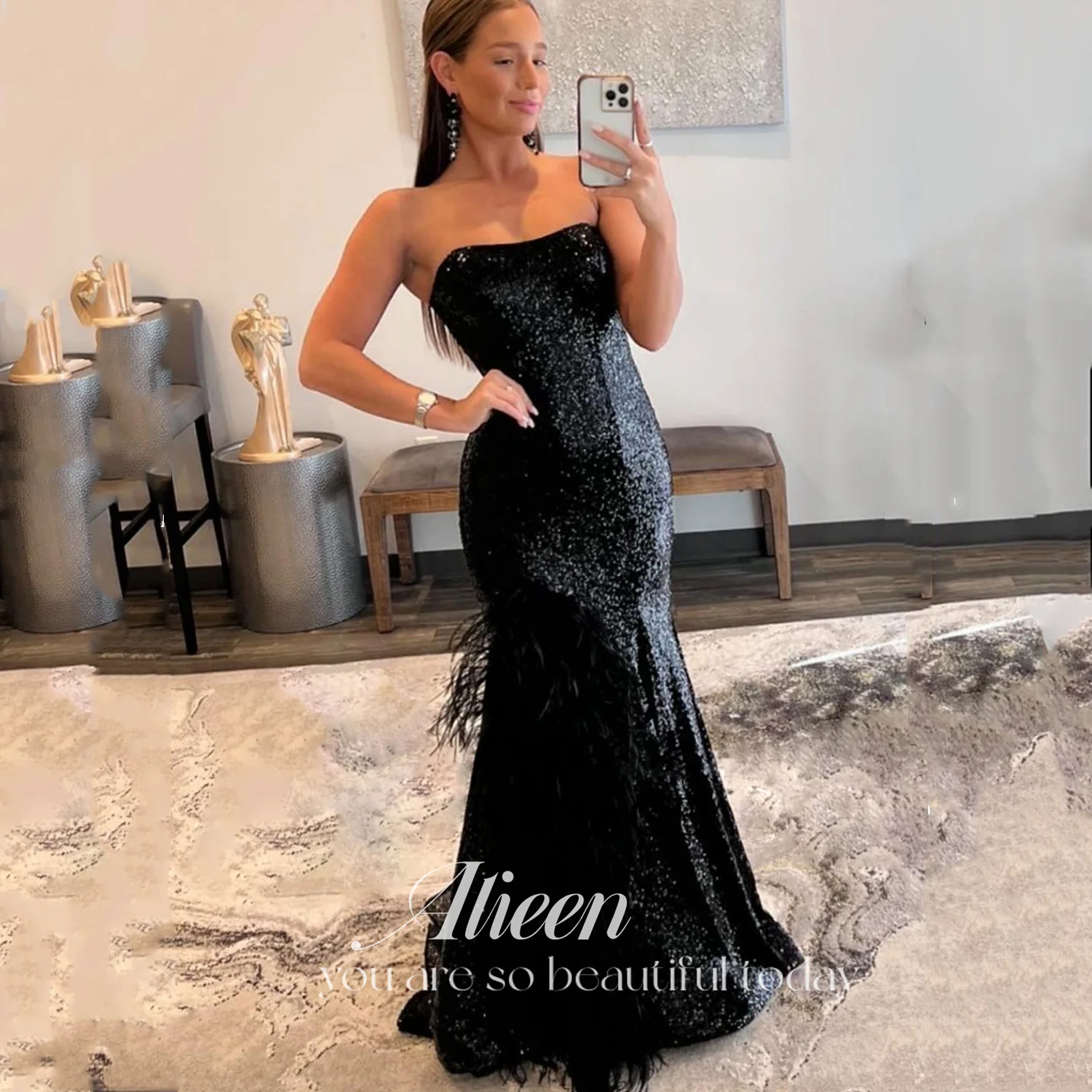 

Aileen Mermaid Woman's Evening Dress Off the Shoulders Saudi Women Sequins Party Dresses Black Cocktail Elegant Luxury Sexy 2023