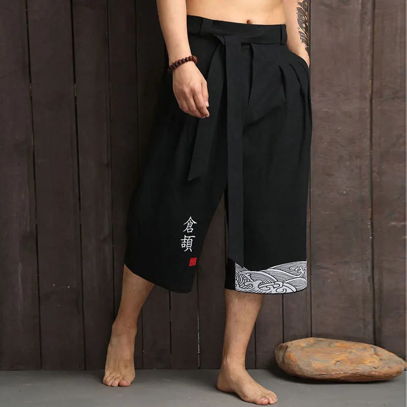 

Japanese Fashion Kimono Traditional Pant Men Boy Linen Cropped Asian Clothing Bath Pants Casual Loose Male Yukata Trousers