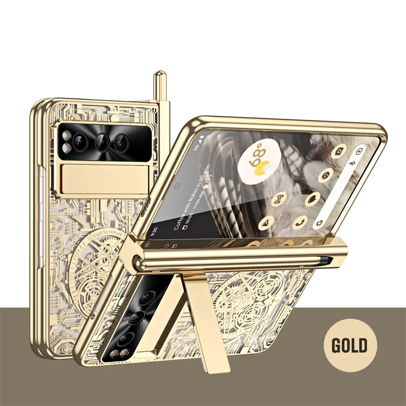 Enhanced Protective Phone Case with S Pen Slot and Tempered Film - Plated PC Hinge Folding Stand Design