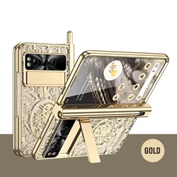 Enhanced Protective Phone Case with S Pen Slot and Tempered Film - Plated PC Hinge Folding Stand Design - No Pen slot (Gold)