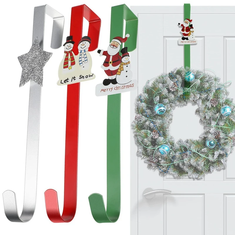 

3 Piece Christmas Wreath Hangers As Shown Metal Cartoon Over The Door Hooks Winter Snowmen Santa Star Front Door Hangers