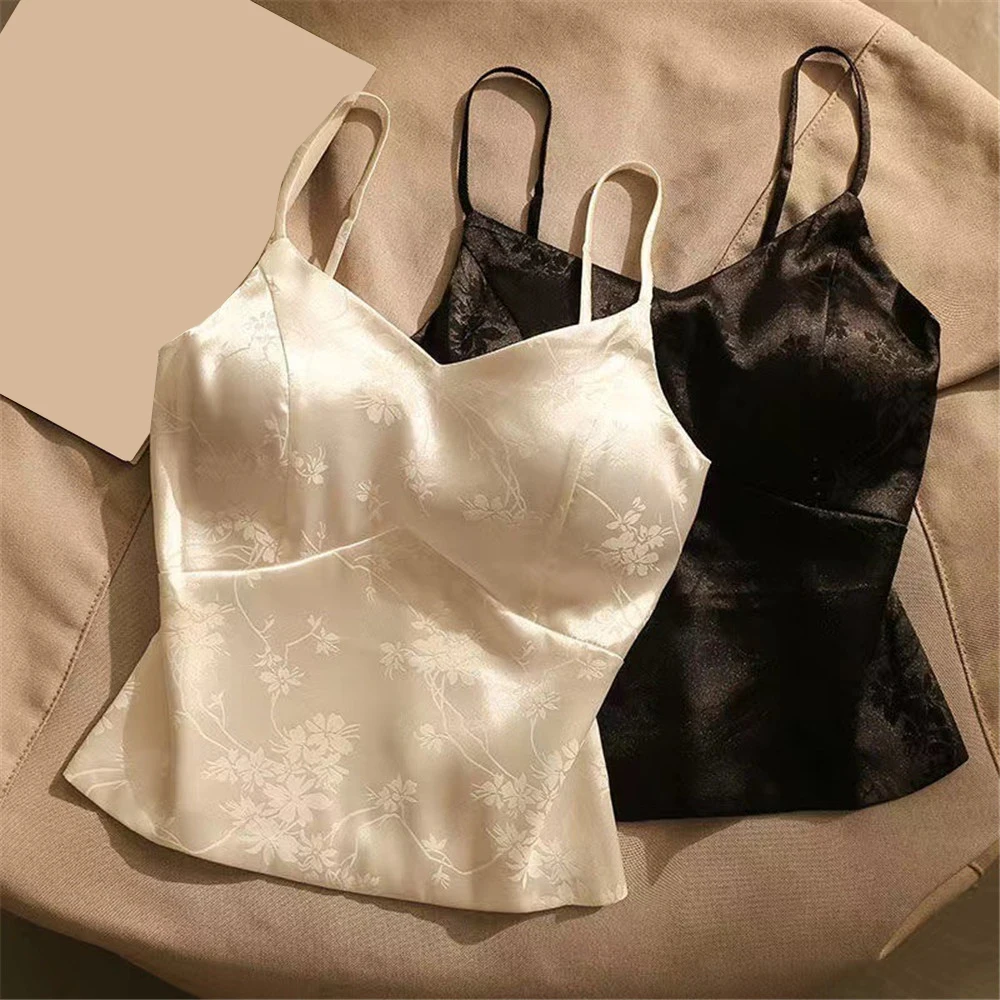 New Camisoles Women Fit Jacquard Satin Bottoming Sleeveless Chinese Style Tops With Breast Pads Summer Sexy Girls Clothing