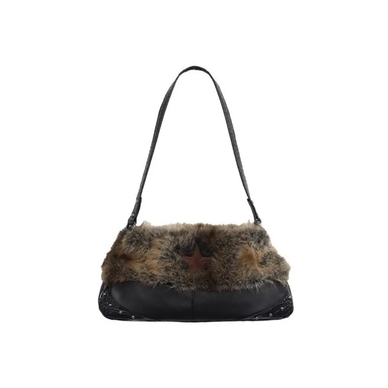 JIAERDI Vintage Black Plush Shoulder Bags Women Hot Girl Sweet Cool Studded Star Embroidery Handbag Ladies Y2k Punk Underarm Bag