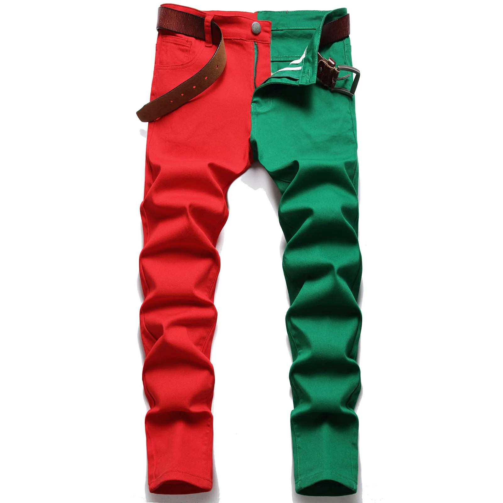 Fashion Contrasting Colors Patchwork Men's Jeans Long Pants Classic Handsome Ripped Stretch Straight Slim Denim Trousers
