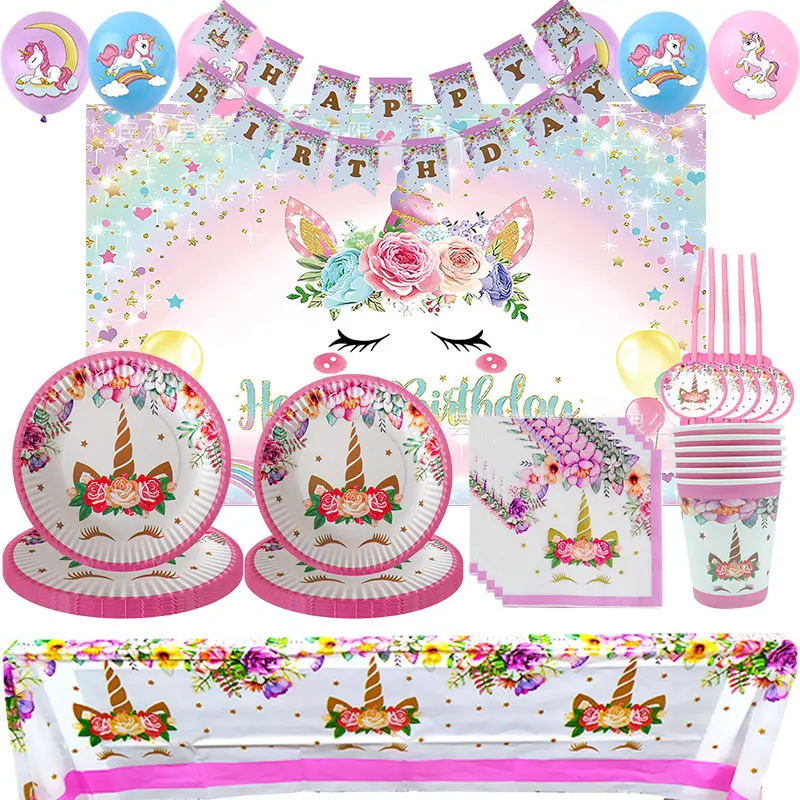 Unicorn Birthday party Supplies Tableware Set Plates Cups Banner Latex Balloon Kit Photography Background Kids Cartoon Decors