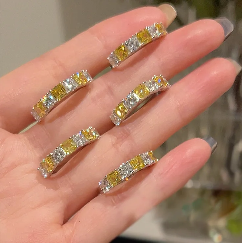 

New S925 Silver Yellow White Pagoda Diamond Ring High Carbon Diamond Layered Diamond Ring Women's Instagram Style