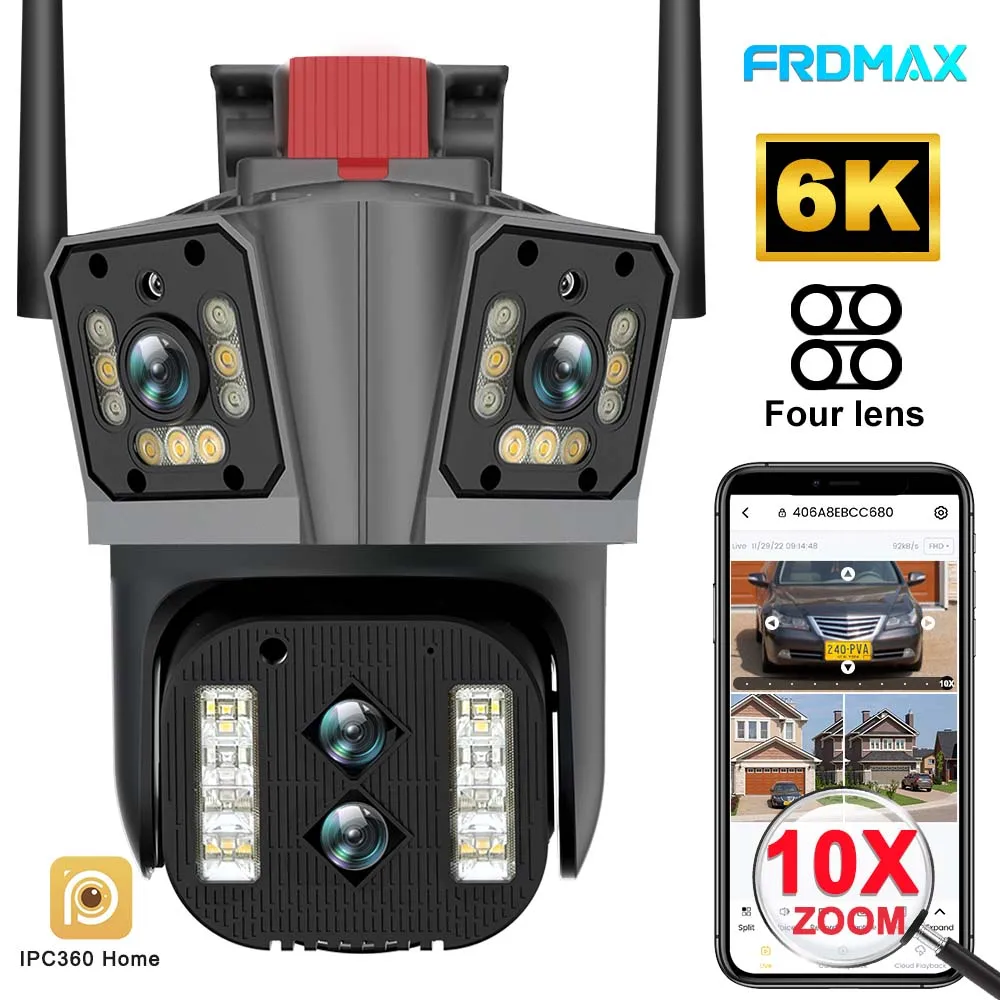 

16MP 6K HD WIFI Camera Outdoor 10X Zoom Auto Tracking Four Lens CCTV Security Camera Three Screen Street PTZ Video Surveillance