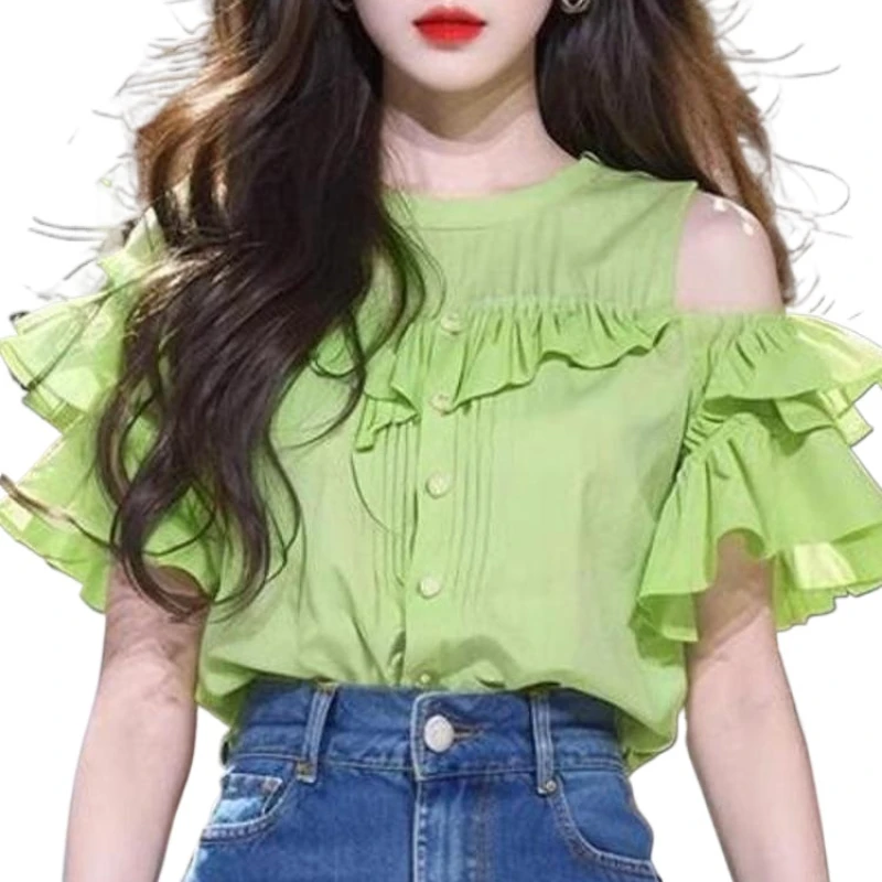 

2024 Summer Shirt Summer Bottoming Top Women's Shirts New Korean Chic Inner Wear Short Sleeve Blouse Green Ruffles Blusas