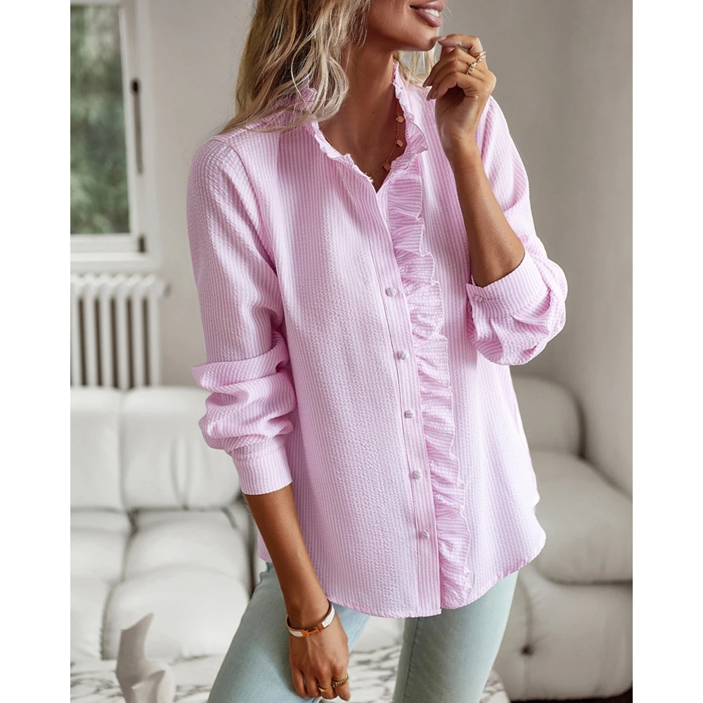 Ruched Striped Print Frill Long Sleeve Shirt Women Casual Top Blouse Elegant Office Lady Buttoned Shirts & Blouses Spring Outfit