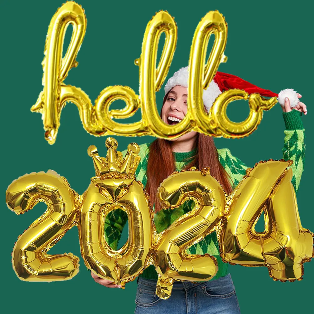 GoldSilver2024CrownDigitalBalloonNewYearEvePartyDecorHello