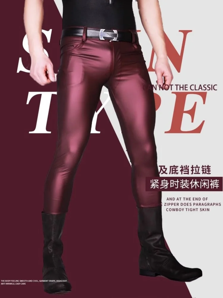 

Red Elastic Faux PU Leather Pants Pencil Pants Oil Glossy Mens Spring Autumn Trousers Leisure Pantalon Tights Motorcycle Spodnie