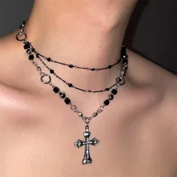 Edgy Gothic Rhinestone Cross Pendant Necklace - Multi - Layered Black Chain Jewelry Gift (01)