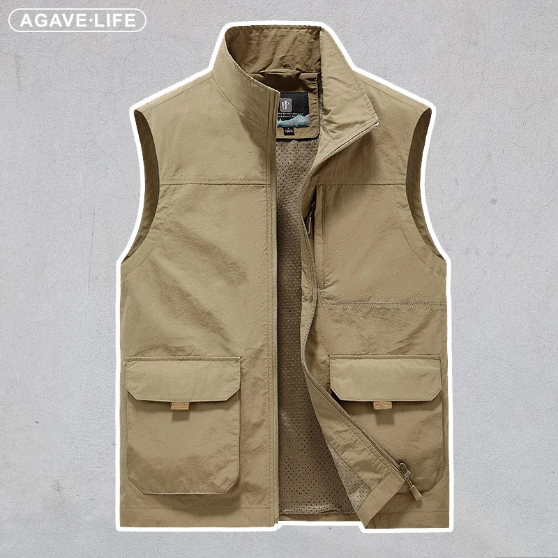 

Men's Vest Stand Collar Solid Color Tooling Vest Jackets Men Multi-pocket Loose Fishing Cardigan Zipper Four Season Leisure Tops