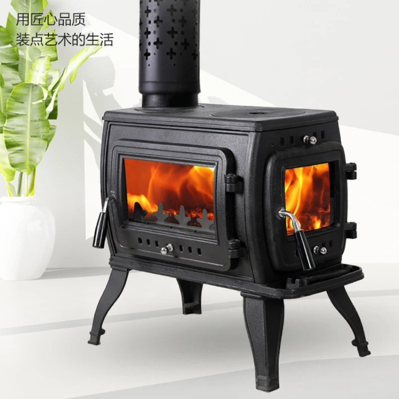 

Real Fire Fireplace Burning Firewood Burning Firewood Heating Stove Two-Side View Fire Cast Iron ARTISAN Villa Home B & B Indoor