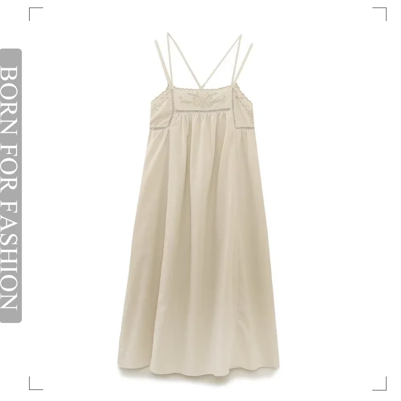 

Comfort Sweet Embroidered Linen Blend Midi Dress 2023 Summer New Fashion Casual Ladies Sun Skirt Tourism Beach Beach Beach Wear
