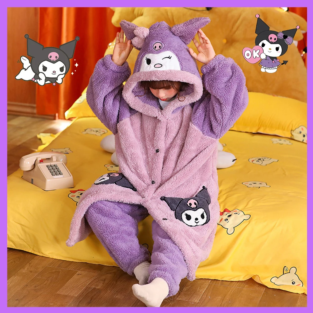 

Sanrioed Kuromi Cinnamoroll Girls Children's Coral Fleece Thickened Pajamas Cartoon Kids Thermal Robe Autumn Winter Home Wear