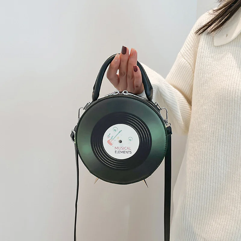 Personalized Creative Small Round Bag New Fashion Women's Niche Retro Record Shape Handbag Ladies PU Crossbody Bag
