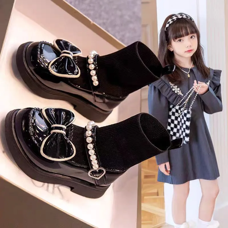 Hig Top Sock Opening Child Princess Boots Girls Leather Shoes Child Leather Princess Shoes Beautiful Fashion Kids Casual Shoe
