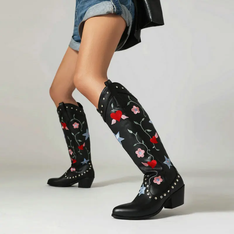 

IPPEUM Cowboy Boots Western Black Knee High Chunky Heel Floral Embroidered Winter Cowgirl Shoes