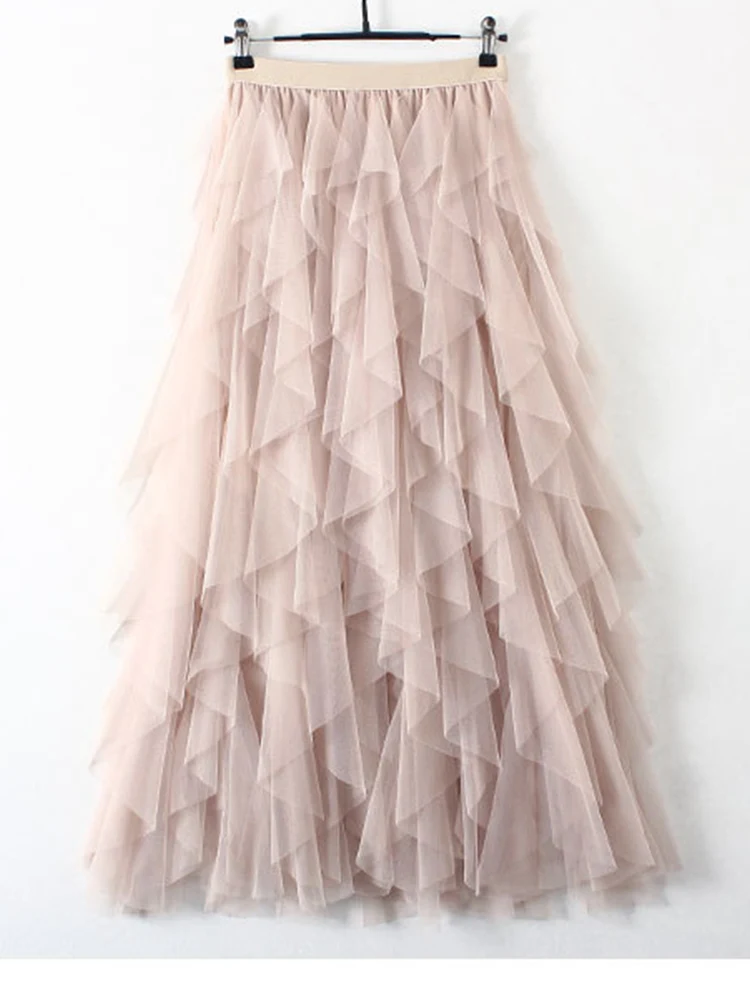 Tutu Tulle Long Maxi Skirt Women Fashion 2022 Korean Cute Pink High Waist Pleated Skirt Mesh Female Lady Aesthetic Faldas 6
