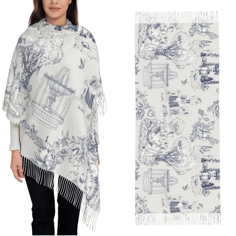 

18Th Centurey French Toile De Jouy Shawls Wraps For Women Winter Warm Large Long Vintage Landscapes Pashmina Tassel Scarf