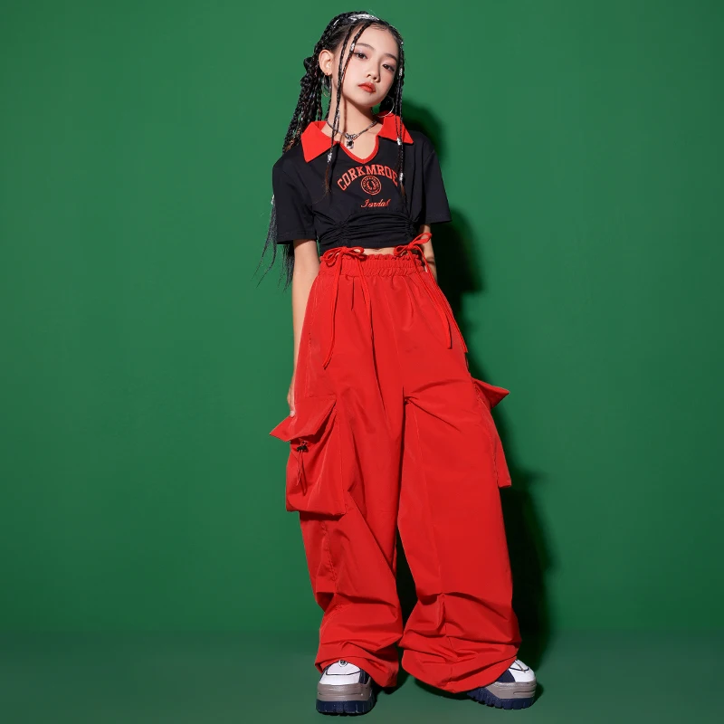 

Casual Cargo Hip Hop Pants For Girl Jazz Dance Costume Clothes Kids Kpop Dancing Clothing Black V Neck Crop Tops T Shirt Red